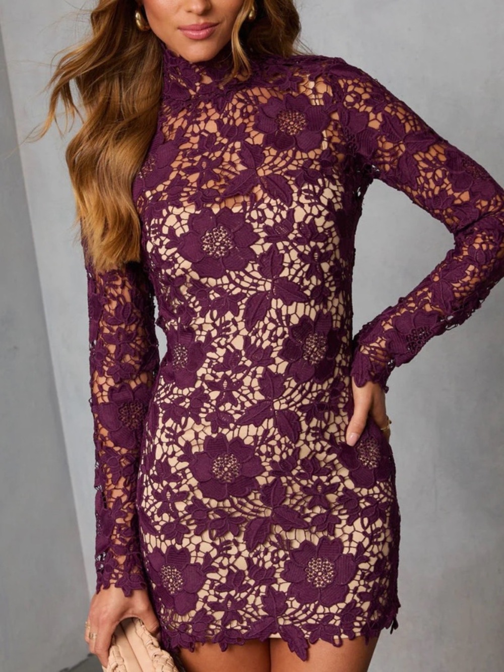Vici Plum Floral Lace Long-Sleeve Mini Dress with Nude Slip